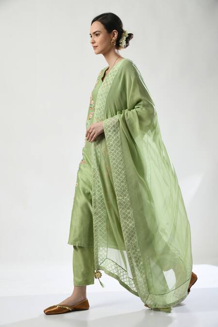 Shop 5cross Ajit Kumar Green Chanderi, Georgette, Cotton Satin Dori Embroidered Floral Kurta Pant Set Online at Aza Fashions Shop_5cross Ajit Kumar_Green Chanderi, Georgette, Cotton Satin Dori Embroidered Floral Kurta Pant Set _Online_at_Aza_Fashions
