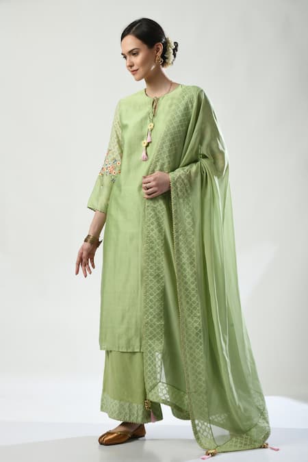 5cross Ajit Kumar Green Chanderi, Cotton Satin, Georgette Beads, Floral Dori Kurta Palazzo Set 