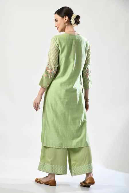 Shop 5cross Ajit Kumar Green Chanderi, Cotton Satin, Georgette Beads, Floral Dori Kurta Palazzo Set at Aza Fashions Shop_5cross Ajit Kumar_Green Chanderi, Cotton Satin, Georgette Beads, Floral Dori Kurta Palazzo Set _at_Aza_Fashions