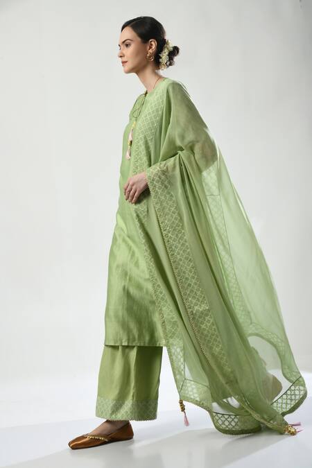 5cross Ajit Kumar Green Chanderi, Cotton Satin, Georgette Beads, Floral Dori Kurta Palazzo Set Online at Aza Fashions 5cross Ajit Kumar_Green Chanderi, Cotton Satin, Georgette Beads, Floral Dori Kurta Palazzo Set _Online_at_Aza_Fashions