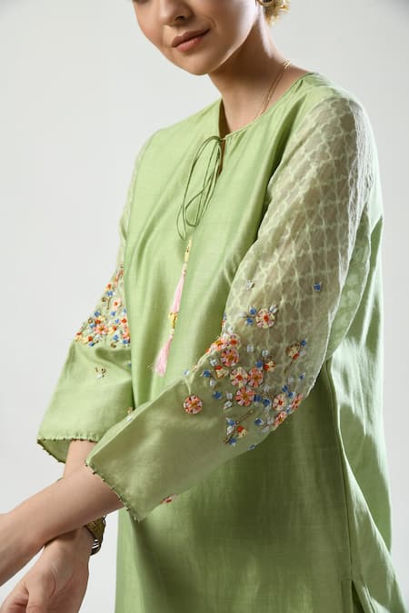 Buy 5cross Ajit Kumar Green Chanderi, Cotton Satin, Georgette Beads, Floral Dori Kurta Palazzo Set Online at Aza Fashions Buy_5cross Ajit Kumar_Green Chanderi, Cotton Satin, Georgette Beads, Floral Dori Kurta Palazzo Set _Online_at_Aza_Fashions