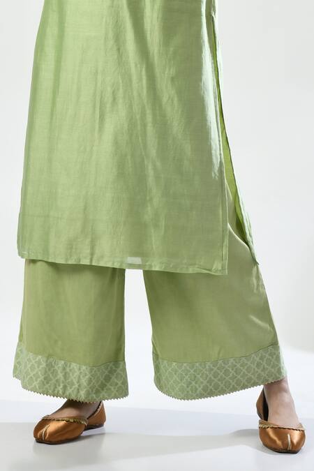 Shop 5cross Ajit Kumar Green Chanderi, Cotton Satin, Georgette Beads, Floral Dori Kurta Palazzo Set Online at Aza Fashions Shop_5cross Ajit Kumar_Green Chanderi, Cotton Satin, Georgette Beads, Floral Dori Kurta Palazzo Set _Online_at_Aza_Fashions
