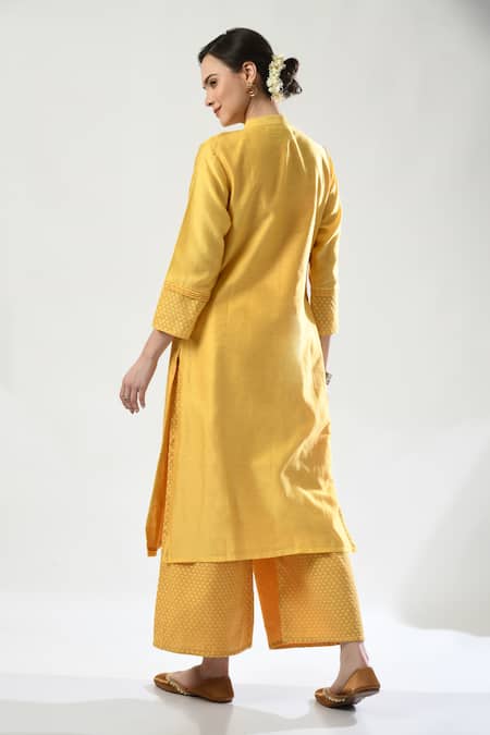 Shop 5cross Ajit Kumar Yellow Chanderi, Kota Doria Beads, Embroidery Placed Kurta Palazzo Set at Aza Fashions Shop_5cross Ajit Kumar_Yellow Chanderi, Kota Doria Beads, Embroidery Placed Kurta Palazzo Set _at_Aza_Fashions