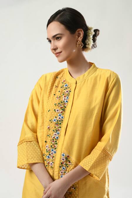 Buy 5cross Ajit Kumar Yellow Chanderi, Kota Doria Beads, Embroidery Placed Kurta Palazzo Set Online at Aza Fashions Buy_5cross Ajit Kumar_Yellow Chanderi, Kota Doria Beads, Embroidery Placed Kurta Palazzo Set _Online_at_Aza_Fashions