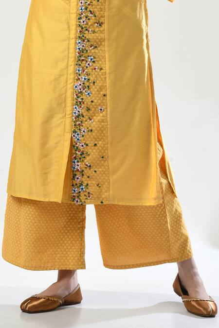 Shop 5cross Ajit Kumar Yellow Chanderi, Kota Doria Beads, Embroidery Placed Kurta Palazzo Set Online at Aza Fashions Shop_5cross Ajit Kumar_Yellow Chanderi, Kota Doria Beads, Embroidery Placed Kurta Palazzo Set _Online_at_Aza_Fashions