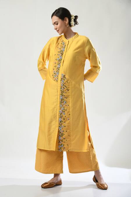 5cross Ajit Kumar Yellow Chanderi, Kota Doria Beads, Embroidery Placed Kurta Palazzo Set at Aza Fashions 5cross Ajit Kumar_Yellow Chanderi, Kota Doria Beads, Embroidery Placed Kurta Palazzo Set _at_Aza_Fashions