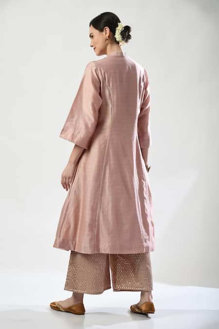 Shop 5cross Ajit Kumar Rose Gold Chanderi, Brocade, Kota Doria Beads, Placement Kurta Palazzo Set at Aza Fashions Shop_5cross Ajit Kumar_Rose Gold Chanderi, Brocade, Kota Doria Beads, Placement Kurta Palazzo Set _at_Aza_Fashions
