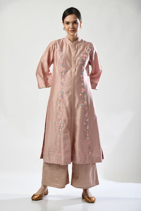 Buy 5cross Ajit Kumar Rose Gold Chanderi, Brocade, Kota Doria Beads, Placement Kurta Palazzo Set Online at Aza Fashions Buy_5cross Ajit Kumar_Rose Gold Chanderi, Brocade, Kota Doria Beads, Placement Kurta Palazzo Set _Online_at_Aza_Fashions