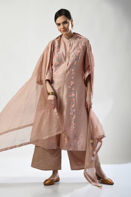 Shop 5cross Ajit Kumar Rose Gold Chanderi, Brocade, Kota Doria Beads, Placement Kurta Palazzo Set Online at Aza Fashions Shop_5cross Ajit Kumar_Rose Gold Chanderi, Brocade, Kota Doria Beads, Placement Kurta Palazzo Set _Online_at_Aza_Fashions