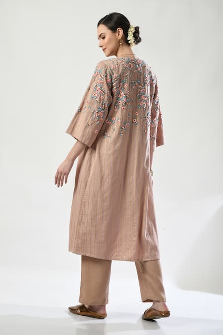 Shop 5cross Ajit Kumar Rose Gold Cotton Satin Beads Open Neck Dori Embroidered Jacket Pant Set at Aza Fashions Shop_5cross Ajit Kumar_Rose Gold Cotton Satin Beads Open Neck Dori Embroidered Jacket Pant Set _at_Aza_Fashions