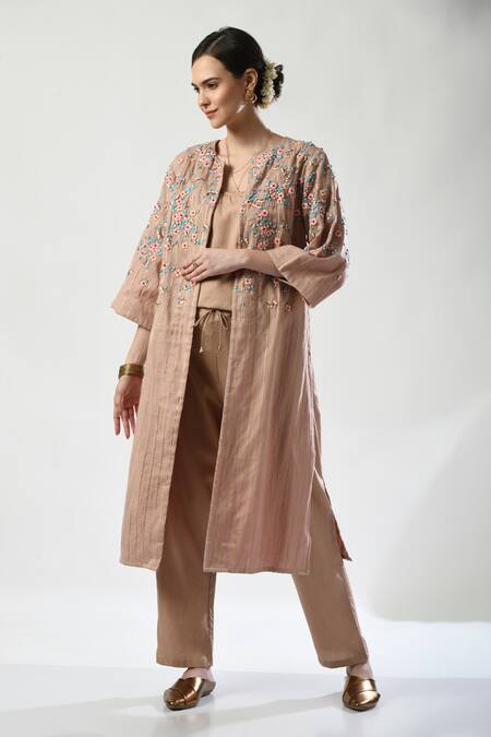 Shop 5cross Ajit Kumar Rose Gold Cotton Satin Beads Open Neck Dori Embroidered Jacket Pant Set Online at Aza Fashions Shop_5cross Ajit Kumar_Rose Gold Cotton Satin Beads Open Neck Dori Embroidered Jacket Pant Set _Online_at_Aza_Fashions