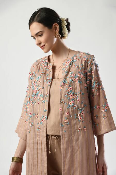 5cross Ajit Kumar Rose Gold Cotton Satin Beads Open Neck Dori Embroidered Jacket Pant Set at Aza Fashions 5cross Ajit Kumar_Rose Gold Cotton Satin Beads Open Neck Dori Embroidered Jacket Pant Set _at_Aza_Fashions