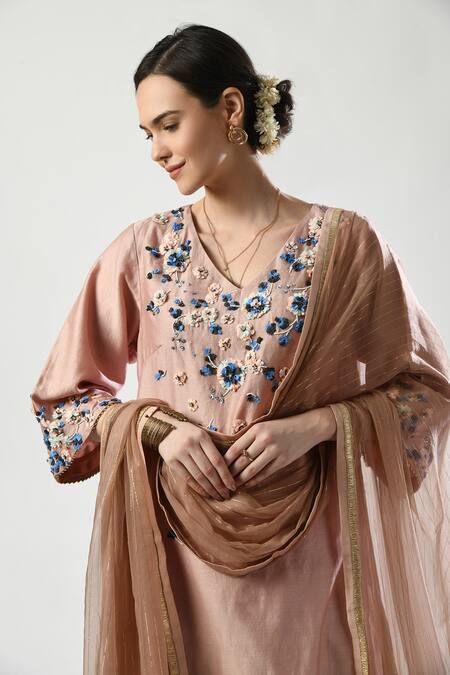 5cross Ajit Kumar_Rose Gold Chanderi, Cotton Satin, Floral Blossom Dori Embroidered Kurta Pant Set _Online_at_Aza_Fashions