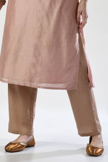 Shop_5cross Ajit Kumar_Rose Gold Chanderi, Cotton Satin, Floral Blossom Dori Embroidered Kurta Pant Set _Online_at_Aza_Fashions