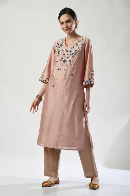 5cross Ajit Kumar_Rose Gold Chanderi, Cotton Satin, Floral Blossom Dori Embroidered Kurta Pant Set _at_Aza_Fashions