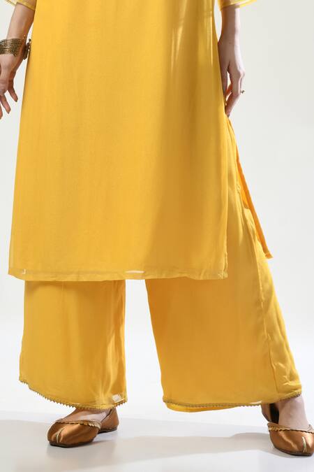 Shop_5cross Ajit Kumar_Yellow Georgette, Viscose Embroidery, Beads Floral Blossom Dori Kurta Pant Set _Online_at_Aza_Fashions