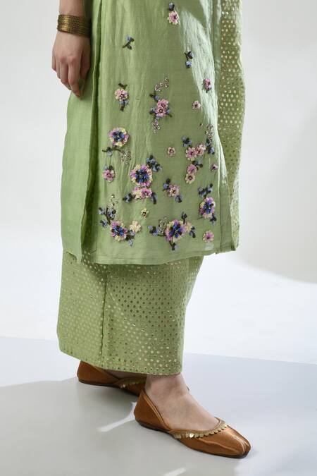 Buy_5cross Ajit Kumar_Green Chanderi, Kota Doria, Brocade Beads Embroidered Panel Kurta Palazzo Set _Online_at_Aza_Fashions