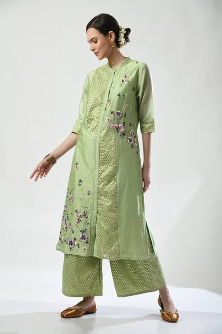 Shop_5cross Ajit Kumar_Green Chanderi, Kota Doria, Brocade Beads Embroidered Panel Kurta Palazzo Set _Online_at_Aza_Fashions