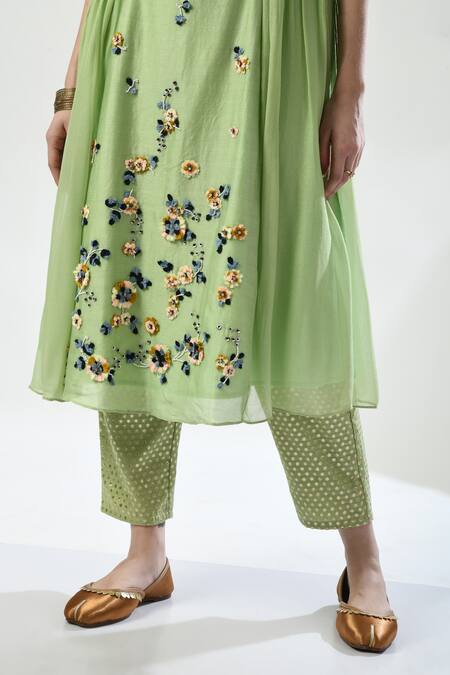 5cross Ajit Kumar_Green Georgette, Chiffon, Brocade, Dori Embroidered Side Tie Kurta Pant Set _Online_at_Aza_Fashions