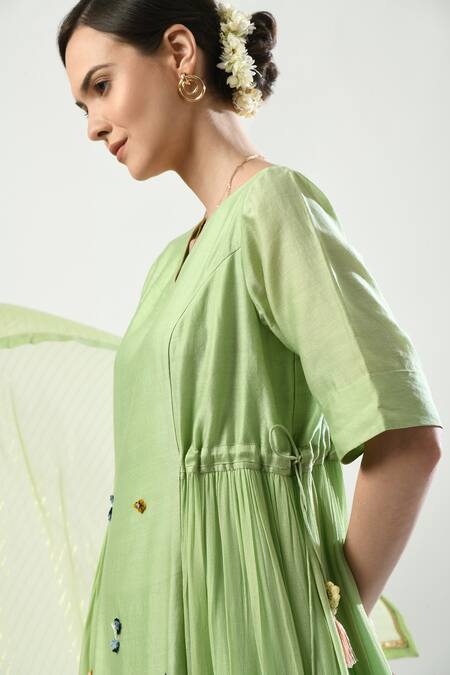 Buy_5cross Ajit Kumar_Green Georgette, Chiffon, Brocade, Dori Embroidered Side Tie Kurta Pant Set _Online_at_Aza_Fashions