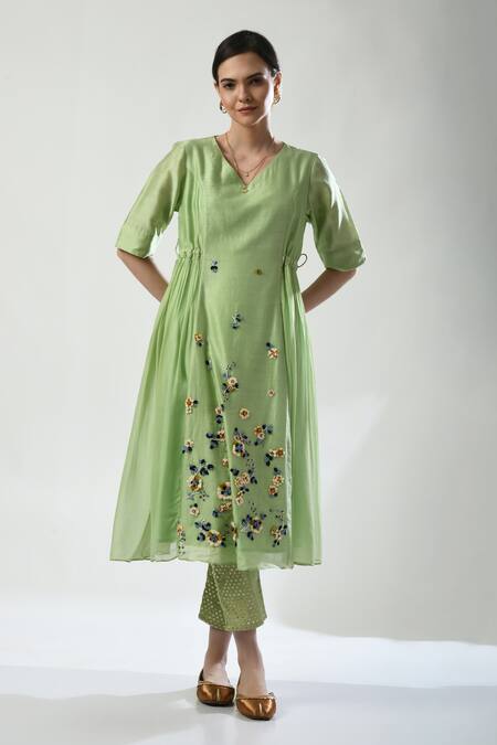 Shop_5cross Ajit Kumar_Green Georgette, Chiffon, Brocade, Dori Embroidered Side Tie Kurta Pant Set _Online_at_Aza_Fashions