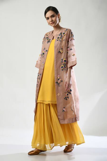 Buy_5cross Ajit Kumar_Yellow Silk Organza, Georgette Shimmer Kurta Set With Dori Em Jacket _Online_at_Aza_Fashions
