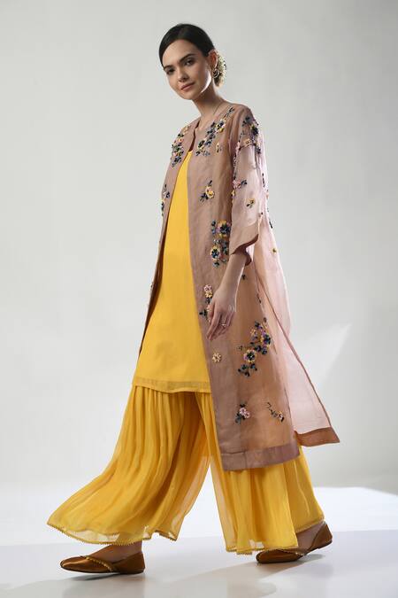 Shop_5cross Ajit Kumar_Yellow Silk Organza, Georgette Shimmer Kurta Set With Dori Em Jacket _Online_at_Aza_Fashions