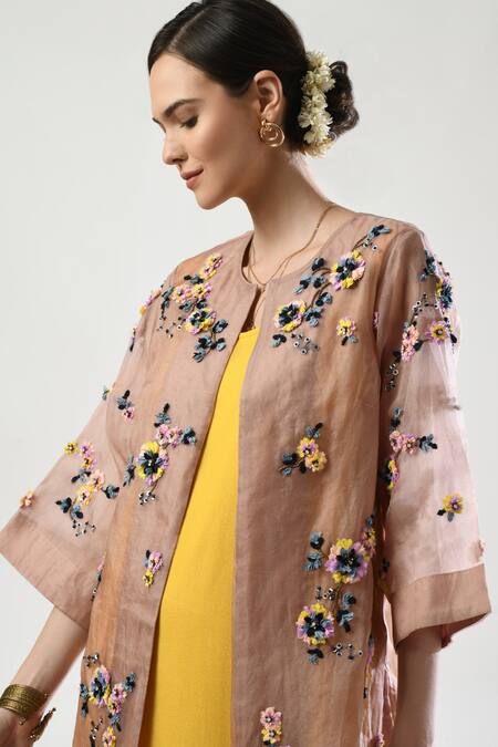 5cross Ajit Kumar_Yellow Silk Organza, Georgette Shimmer Kurta Set With Dori Em Jacket _at_Aza_Fashions