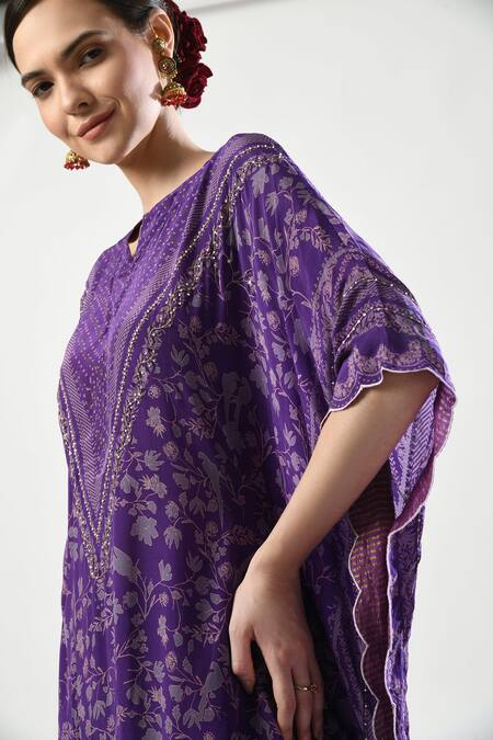 Shop_5cross Ajit Kumar_Purple Viscose, Cotton Satin Beads, Floral Print Scalloped Kaftan Pant Set _Online_at_Aza_Fashions