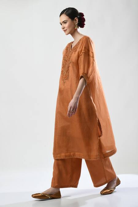 5cross Ajit Kumar Brown Silk Organza, Cotton Satin, Cotton, Chiffon Floral Dori Kurta Palazzo Set Online at Aza Fashions 5cross Ajit Kumar_Brown Silk Organza, Cotton Satin, Cotton, Chiffon Floral Dori Kurta Palazzo Set _Online_at_Aza_Fashions