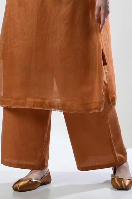 Buy 5cross Ajit Kumar Brown Silk Organza, Cotton Satin, Cotton, Chiffon Floral Dori Kurta Palazzo Set Online at Aza Fashions Buy_5cross Ajit Kumar_Brown Silk Organza, Cotton Satin, Cotton, Chiffon Floral Dori Kurta Palazzo Set _Online_at_Aza_Fashions