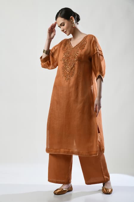 Shop 5cross Ajit Kumar Brown Silk Organza, Cotton Satin, Cotton, Chiffon Floral Dori Kurta Palazzo Set Online at Aza Fashions Shop_5cross Ajit Kumar_Brown Silk Organza, Cotton Satin, Cotton, Chiffon Floral Dori Kurta Palazzo Set _Online_at_Aza_Fashions