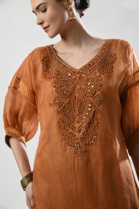 5cross Ajit Kumar Brown Silk Organza, Cotton Satin, Cotton, Chiffon Floral Dori Kurta Palazzo Set at Aza Fashions 5cross Ajit Kumar_Brown Silk Organza, Cotton Satin, Cotton, Chiffon Floral Dori Kurta Palazzo Set _at_Aza_Fashions