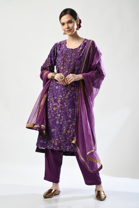 5cross Ajit Kumar Purple Kurta Chanderi Printed Floral Round Embellished Pant Set 