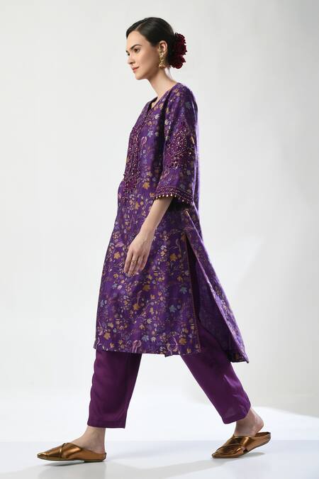 5cross Ajit Kumar_Purple Chanderi, Chiffon, Cotton Satin Floral Print Embellished Kurta Pant Set _Online_at_Aza_Fashions