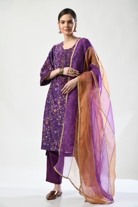 5cross Ajit Kumar Purple Kurta Chanderi Printed Floral Round Set With Colourblock Dupatta 