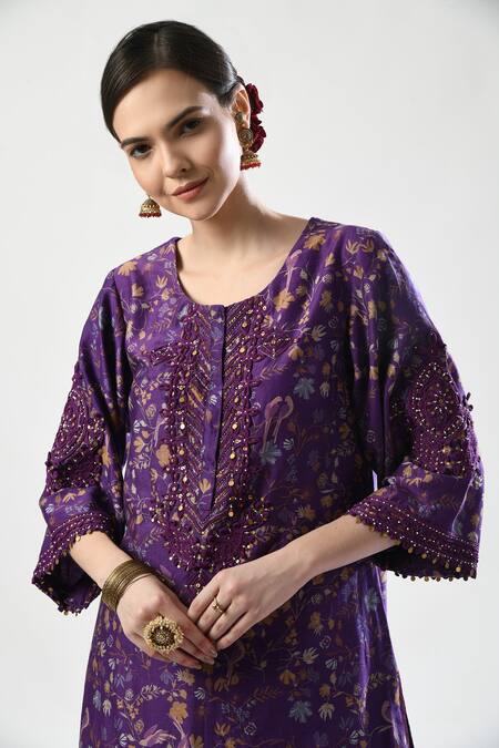 5cross Ajit Kumar_Purple Chanderi, Cotton Satin, Printed Kurta Set With Colourblock Dupatta _Online_at_Aza_Fashions