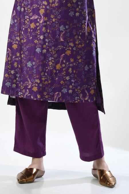 Buy_5cross Ajit Kumar_Purple Chanderi, Cotton Satin, Printed Kurta Set With Colourblock Dupatta _Online_at_Aza_Fashions