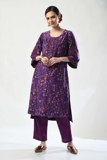 Shop_5cross Ajit Kumar_Purple Chanderi, Cotton Satin, Printed Kurta Set With Colourblock Dupatta _Online_at_Aza_Fashions
