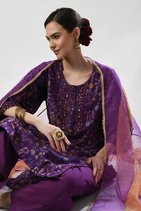 5cross Ajit Kumar_Purple Chanderi, Cotton Satin, Printed Kurta Set With Colourblock Dupatta _at_Aza_Fashions