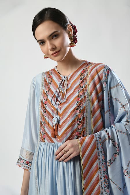 5cross Ajit Kumar_Blue , Satin Sequins, Beads Printed Panel Gathered Kurta Pant Set _Online_at_Aza_Fashions