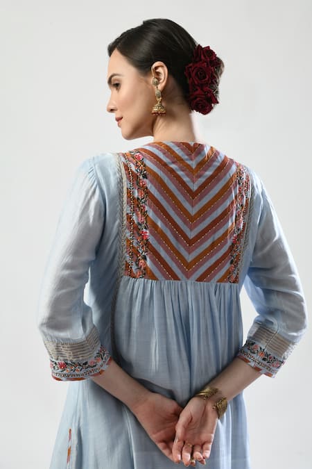 Buy_5cross Ajit Kumar_Blue , Satin Sequins, Beads Printed Panel Gathered Kurta Pant Set _Online_at_Aza_Fashions