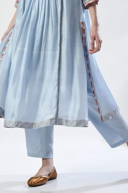 Shop_5cross Ajit Kumar_Blue , Satin Sequins, Beads Printed Panel Gathered Kurta Pant Set _Online_at_Aza_Fashions