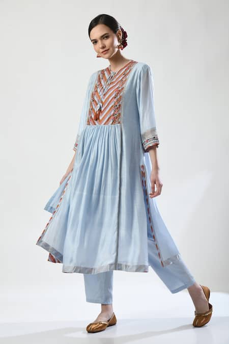 5cross Ajit Kumar_Blue , Satin Sequins, Beads Printed Panel Gathered Kurta Pant Set _at_Aza_Fashions