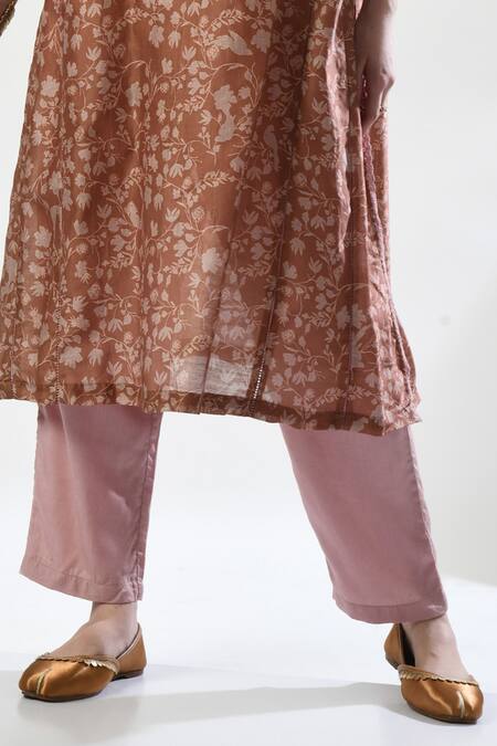 5cross Ajit Kumar_Brown Chanderi, , Satin, Kota Doria Floral Print Kurta Pant Set _Online_at_Aza_Fashions