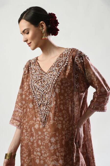 Shop_5cross Ajit Kumar_Brown Chanderi, , Satin, Kota Doria Floral Print Kurta Pant Set _Online_at_Aza_Fashions