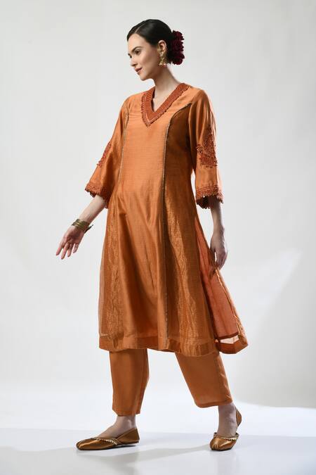 5cross Ajit Kumar_Brown Chanderi, Cotton Satin, Organza Sequins, Placed Dori Kurta Pant Set _Online_at_Aza_Fashions