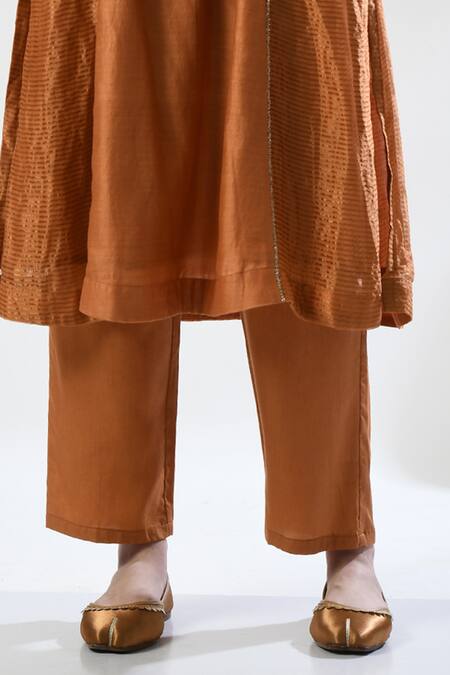 Shop_5cross Ajit Kumar_Brown Chanderi, Cotton Satin, Organza Sequins, Placed Dori Kurta Pant Set _Online_at_Aza_Fashions