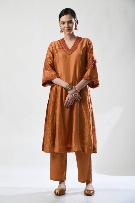 5cross Ajit Kumar_Brown Chanderi, Cotton Satin, Organza Sequins, Placed Dori Kurta Pant Set _at_Aza_Fashions