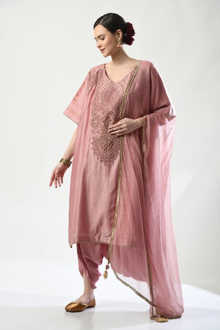 5cross Ajit Kumar Pink Kaftan Chanderi Embellished Floral V-neck Dori Embroidered Dhoti Pant Set 